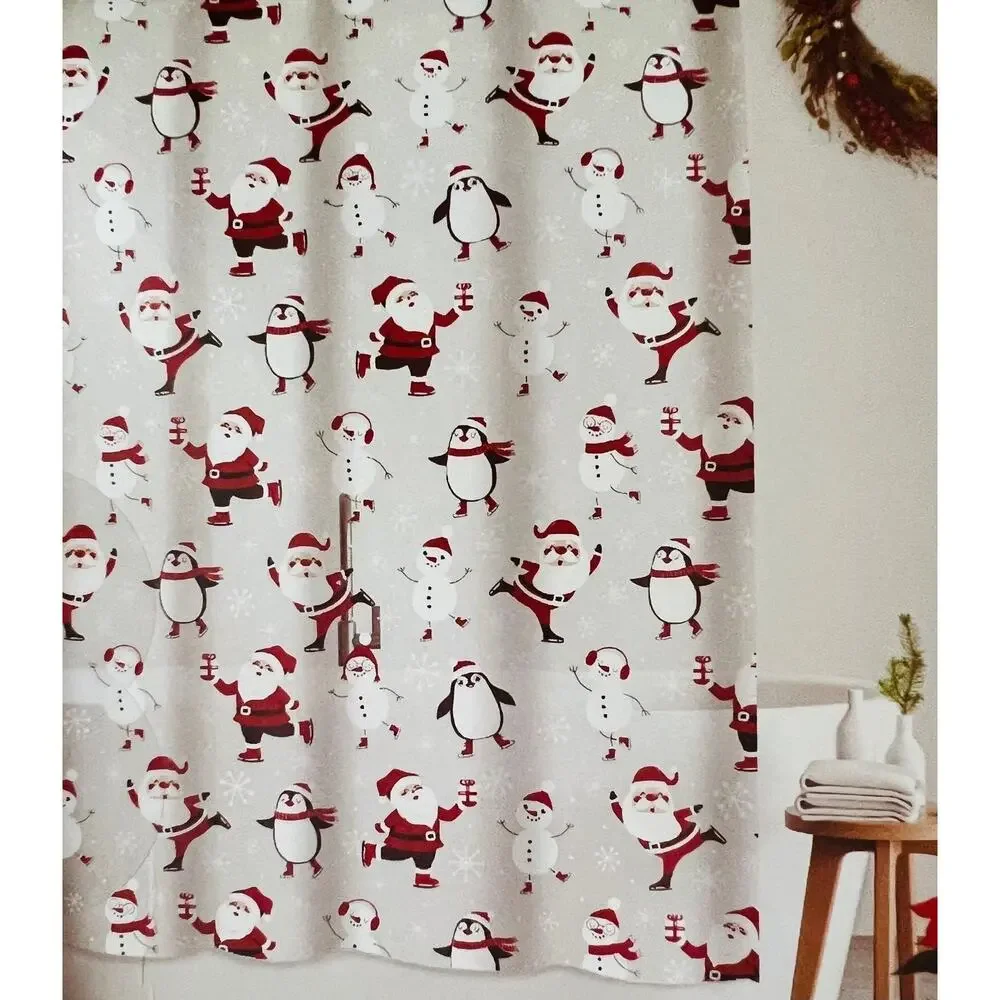 NIB❤️Peppermint Place Santa with Snowman and Penguins Peva Shower Curtain